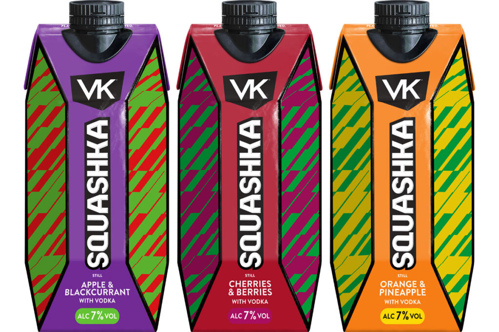 Pack shots of VK Squashka range incluidng Apple & Blackcurrant, Cherries & Berries and Orange & Pineapple variants.