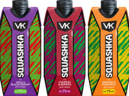 VK introduces new ‘enhanced RTD’ with Squashka range Pack shots of VK Squashka range incluidng Apple & Blackcurrant, Cherries & Berries and Orange & Pineapple variants.