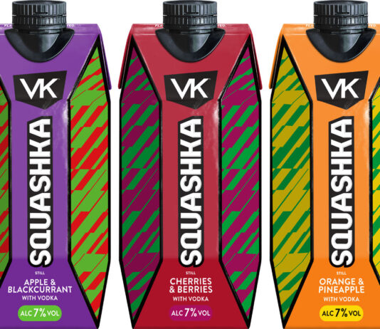 VK introduces new ‘enhanced RTD’ with Squashka range Pack shots of VK Squashka range incluidng Apple & Blackcurrant, Cherries & Berries and Orange & Pineapple variants.