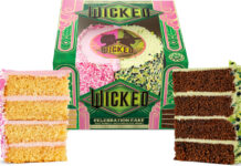 Finsbury launches Wicked Celebration Cake in time for new movie A pack shot of the Wicked Celebration Cake with slices of the cake cut out on either side of the box.