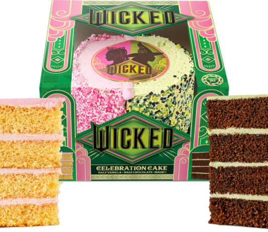 Finsbury launches Wicked Celebration Cake in time for new movie A pack shot of the Wicked Celebration Cake with slices of the cake cut out on either side of the box.