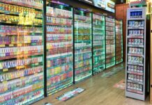 Vape levy set to come in from April 2026 Cabinets in a shop with vaping products in them.