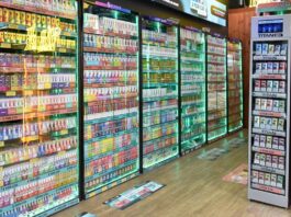 Vape levy set to come in from April 2026 Cabinets in a shop with vaping products in them.