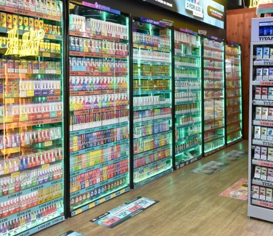 Vape levy set to come in from April 2026 Cabinets in a shop with vaping products in them.