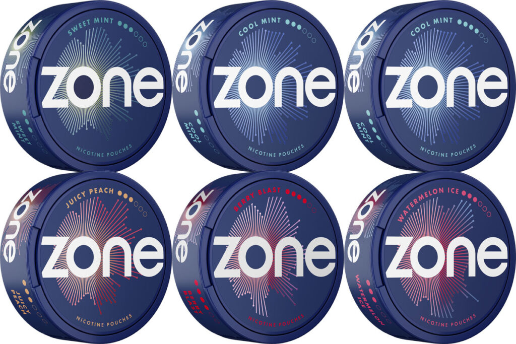 Pack shots of Zone nicotine pouches.