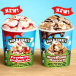 Ben & Jerry’s unveils new ice creams inspired by bakery treats Tubs of Ben & Jerry's Strawberry Doughnut-eee and Churrifically Churros-y tubs stand on a wooden table against a light blue background.