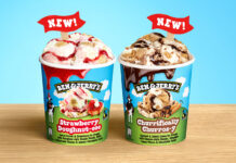 Ben & Jerry’s unveils new ice creams inspired by bakery treats Tubs of Ben & Jerry's Strawberry Doughnut-eee and Churrifically Churros-y tubs stand on a wooden table against a light blue background.