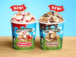 Ben & Jerry’s unveils new ice creams inspired by bakery treats Tubs of Ben & Jerry's Strawberry Doughnut-eee and Churrifically Churros-y tubs stand on a wooden table against a light blue background.