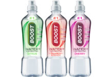 Boost Drinks enters flavoured water category Pack shots of Boost Water + Electrolytes in Cherry, Strawberry & Peach and Citrus variants.