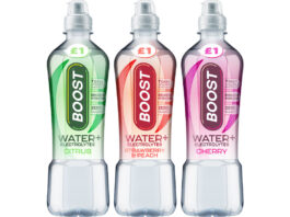 Boost Drinks enters flavoured water category Pack shots of Boost Water + Electrolytes in Cherry, Strawberry & Peach and Citrus variants.