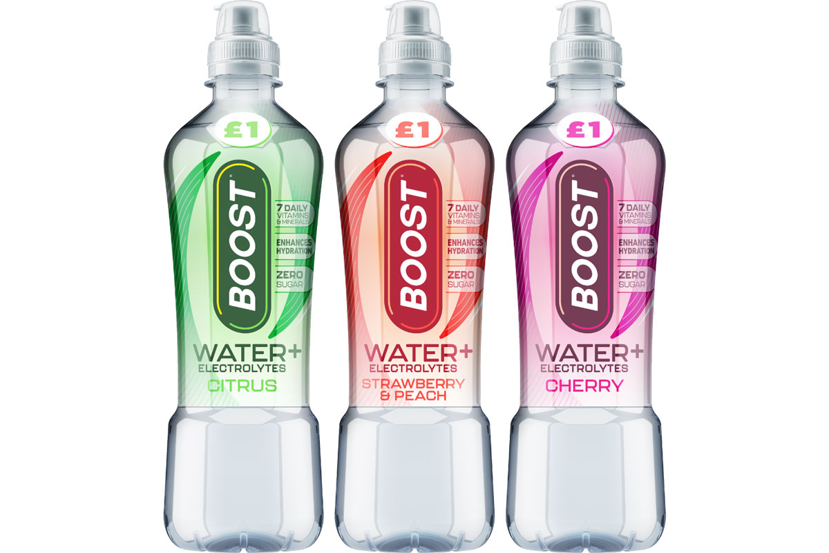Pack shots of Boost Water + Electrolytes in Cherry, Strawberry & Peach and Citrus variants.