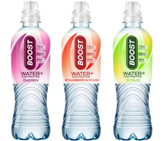 Boost Drinks enters flavoured water category Pack shots of Boost Water + Electrolytes in Cherry, Strawberry & Peach and Citrus variants.