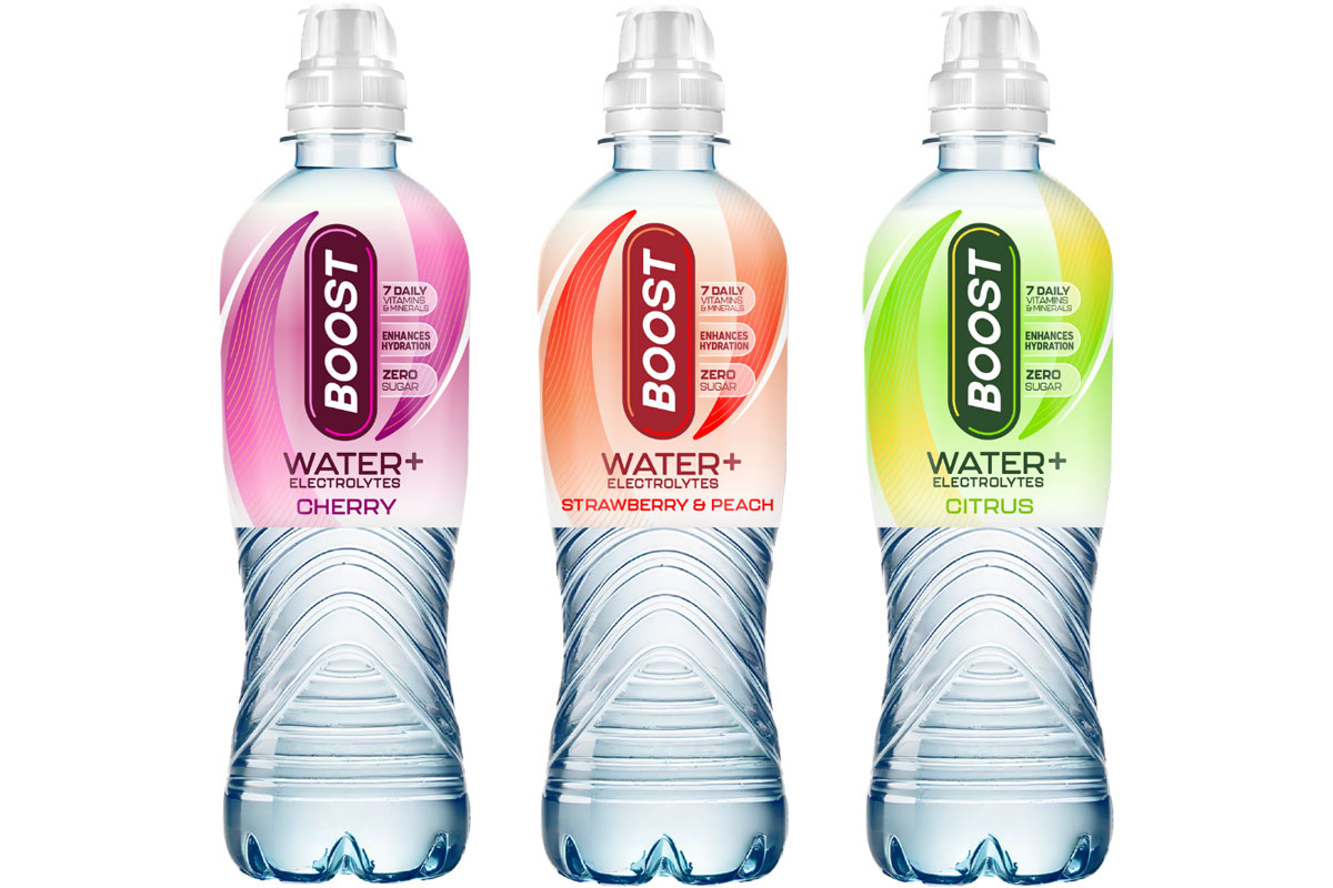 Pack shots of Boost Water + Electrolytes in Cherry, Strawberry & Peach and Citrus variants.