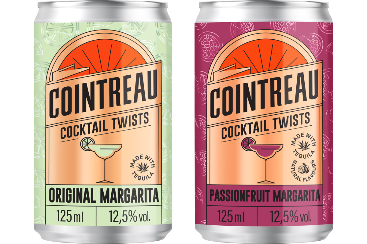 Pack shots of Cointreau Margarita cans including Original Margarita and Passionfruit Margarita.