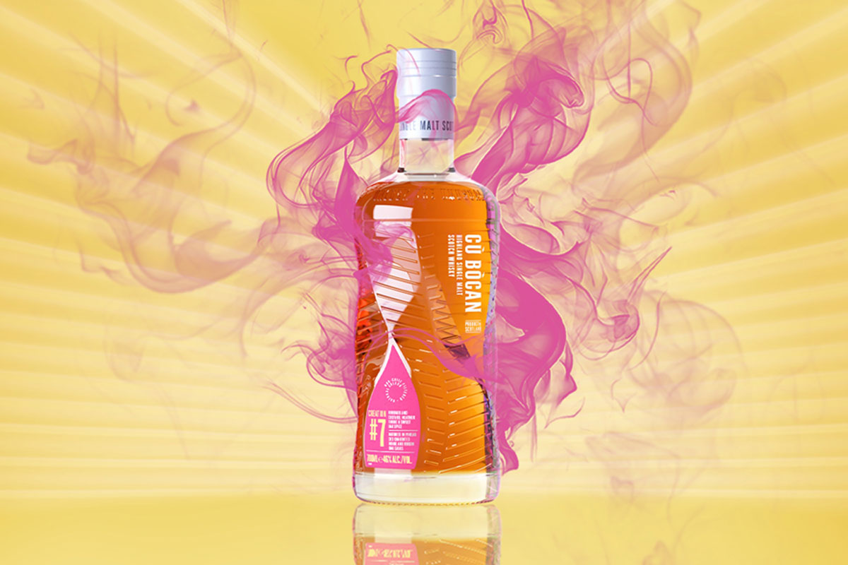A bottle of Cù Bòcan Creation #7 stands against a yellow background with lines of light coming from the centre and pink smoke behind the bottle.