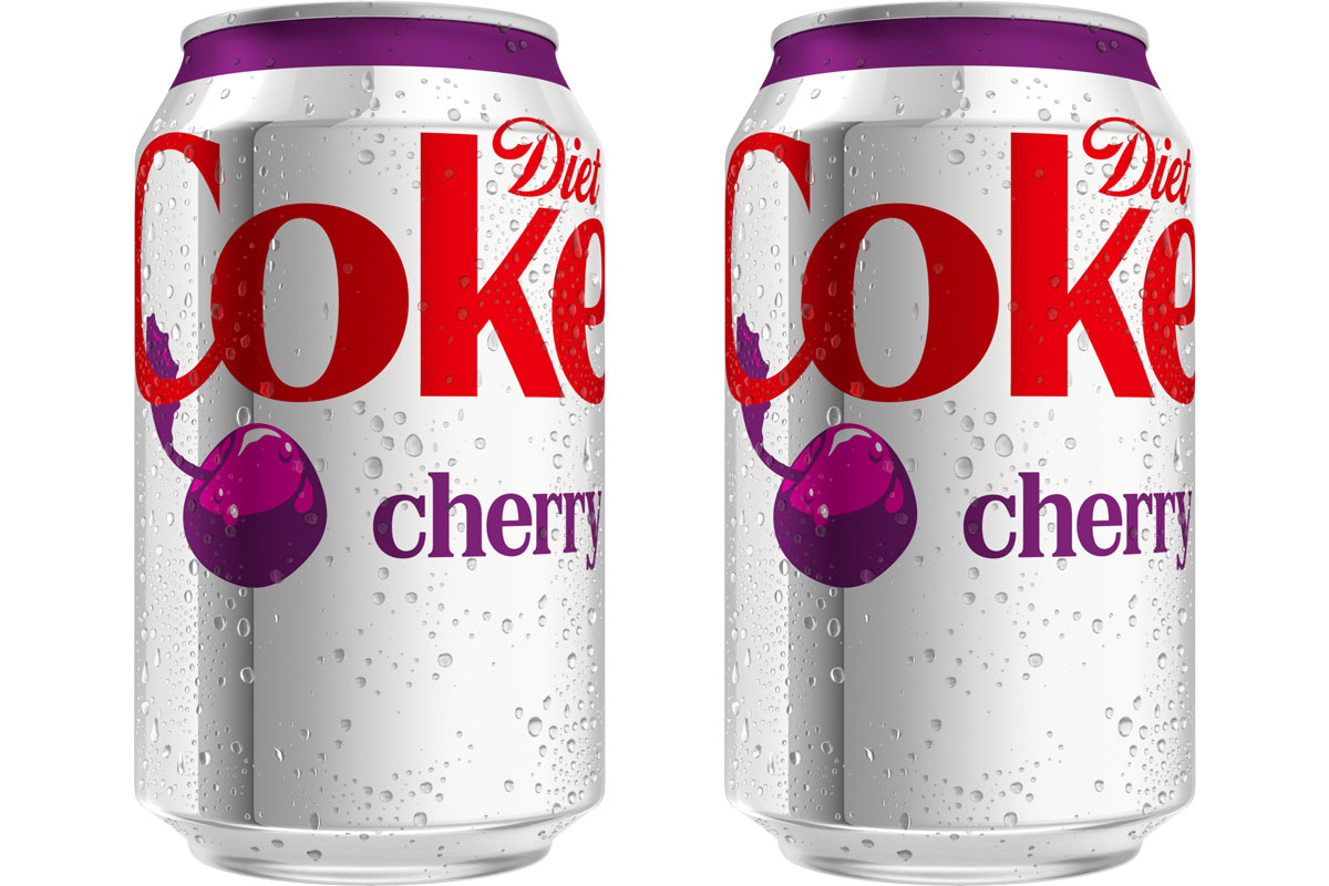 Pack shots of Diet Coke Cherry cans.