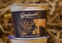 Graham’s Gold Top Jersey Cream is back on the shelves A pack of Graham's Gold Top Extra Thick Jersey Cream stands on top of another pack in a barn with straw behind it.