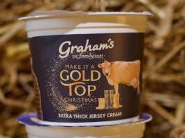 Graham’s Gold Top Jersey Cream is back on the shelves A pack of Graham's Gold Top Extra Thick Jersey Cream stands on top of another pack in a barn with straw behind it.
