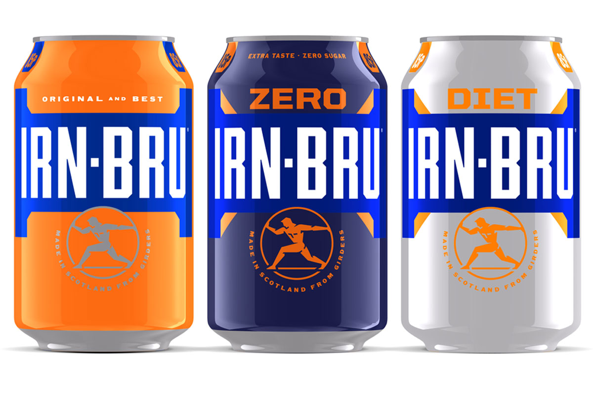 Pack shots of the new look Irn-Bru range from 2025 including Irn-Bru, Irn-Bru Zero and Diet Irn-Bru.