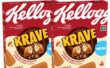 Krave cereal expands with new Caramelised Biscuit and White Chocolate flavour Pack shots of Kellogg's Krave Caramelised Biscuit & White Chocolate packs.