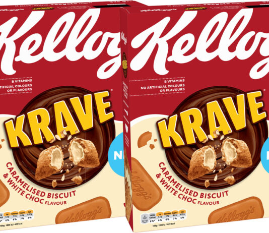 Krave cereal expands with new Caramelised Biscuit and White Chocolate flavour Pack shots of Kellogg's Krave Caramelised Biscuit & White Chocolate packs.