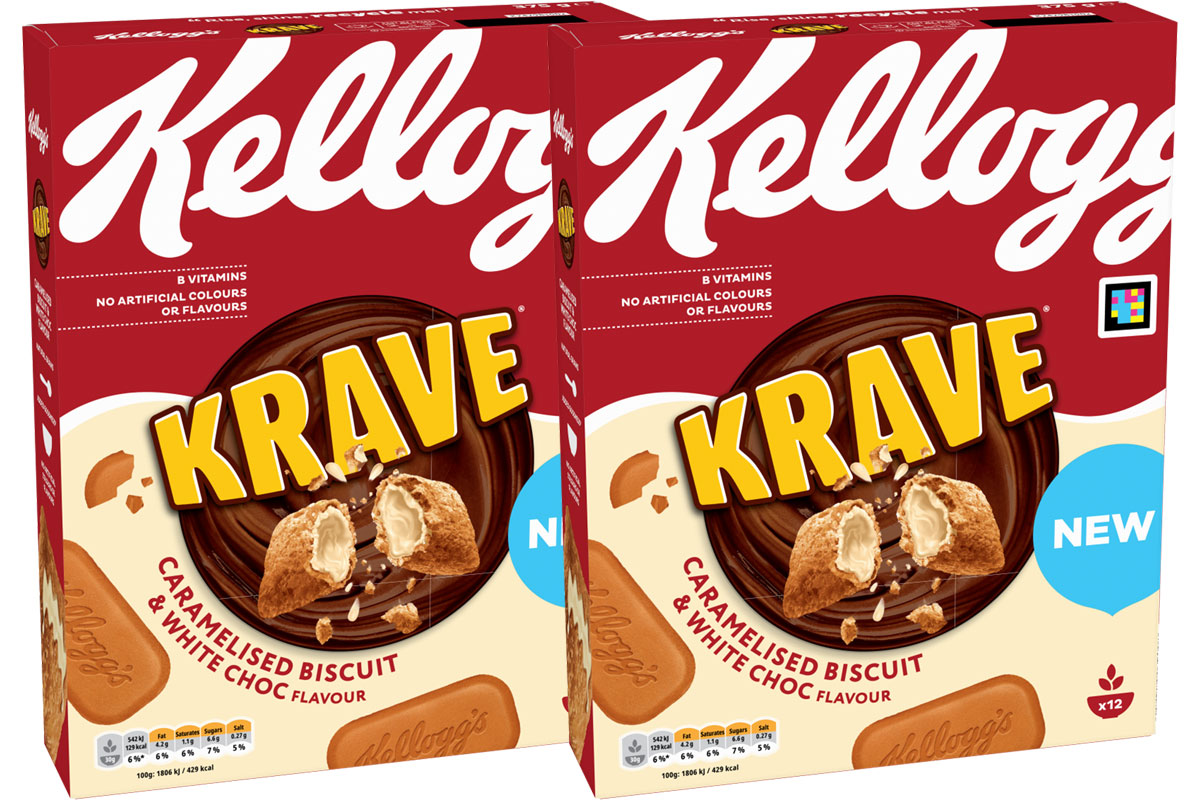 Pack shots of Kellogg's Krave Caramelised Biscuit & White Chocolate packs.