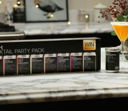 Moth unveils new Cocktail Party Pack The Moth Cocktail Party Pack stands on a kitchen counter with cans of the cocktails next to it and a cocktail serve in a glass.