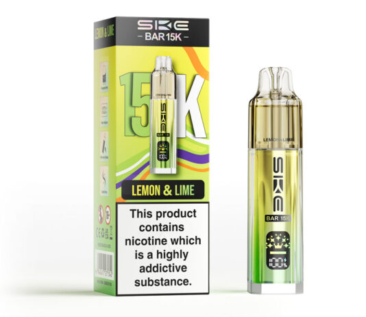 SKE unveils first ever 15,000 puff vape range Pack shot of SKE 15k Lemon & Lime with a refill of the variant standing outside its outer box.