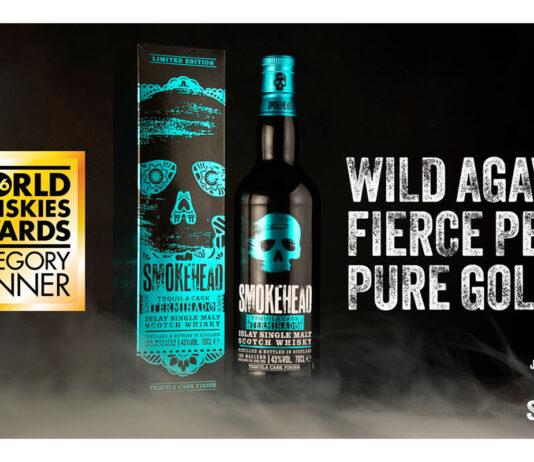 Smokehead whisky takes the crown at World Whisky Awards A bottle of Smokehead Terminado and its outer case stand in the middle of a black background with smoke around the bottom of the two. The World Whisky Awards Gold logo is on the left and there is text on the right that reads "WILD AGAVE. FIERCE PEAT. PURE GOLD."