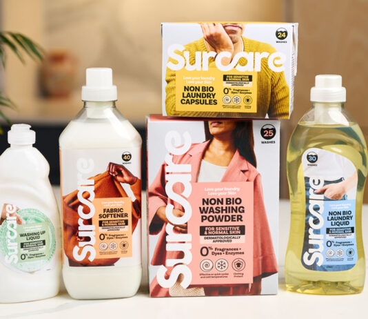 Surcare unveils rebrand across its suite of laundry products Pack shots of the 2025 redesign for Surcare including Washing Up Liquid, Fabric Softener, Non Bio Washing Powder, Non Bio Laundry Capsules and Non Bio Laundry Liquid.