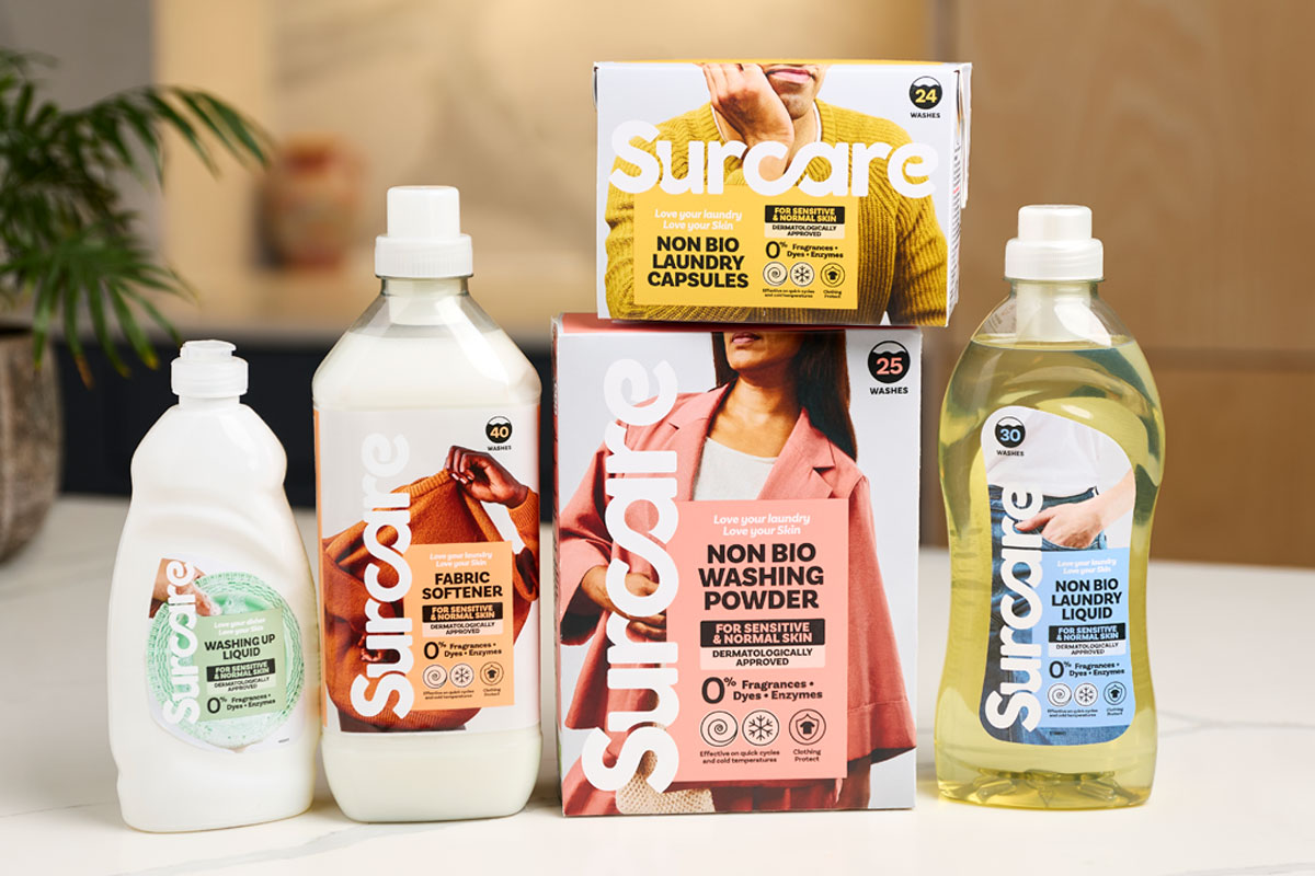Pack shots of the 2025 redesign for Surcare including Washing Up Liquid, Fabric Softener, Non Bio Washing Powder, Non Bio Laundry Capsules and Non Bio Laundry Liquid.