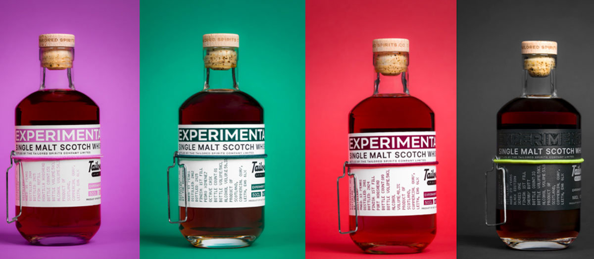 Bottles of the Tailored Spirits range against different coloured background.