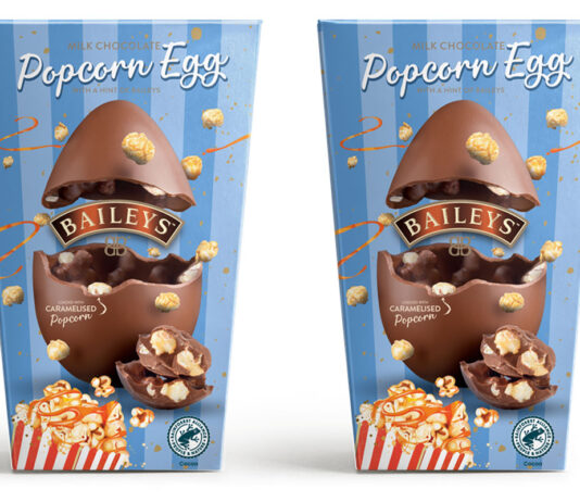 Baileys Chocolate adds Caramelised Popcorn Egg to Easter range Pack shots of Baileys Caramelised Popcorn Egg.