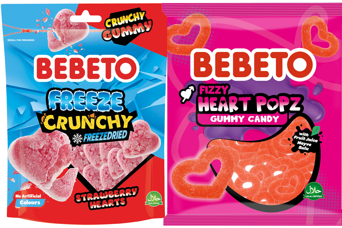 Pack shots of Bebeto Freeze Crunchy Strawberry Hearts and Bebeto Fizzy Heart Pops.