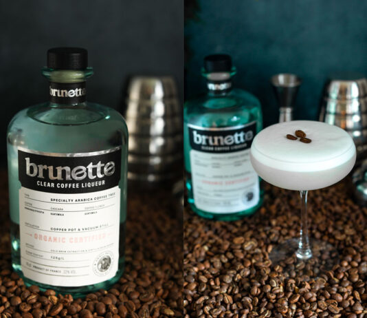 Brunette unveils its first clear coffee liqueur A bottle of Brunette Clear stands in the middle of the image to the left with coffee beans surrounding it and cocktail tools behind the bottle. In the image on the right, an espresso martini serve stands in the middle of the image with coffee beans around it, a bottle of Brunette Clear behind it along with some cocktail tools.