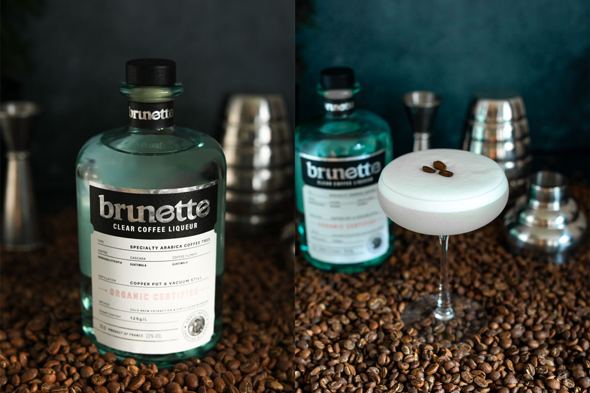 A bottle of Brunette Clear stands in the middle of the image to the left with coffee beans surrounding it and cocktail tools behind the bottle. In the image on the right, an espresso martini serve stands in the middle of the image with coffee beans around it, a bottle of Brunette Clear behind it along with some cocktail tools.