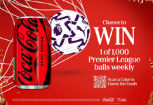 Coca-Cola builds Premier League matchday excitement in new promo Promotional image of the Coca-Cola Europacific Partners' 'Guess the Goals' competition featuring a can of Coca-Cola Zero Sugar and a football hitting the back of a goal net. The text reads Chance to Win 1 of 1,000 Premier League balls weekly.