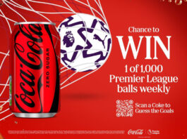 Coca-Cola builds Premier League matchday excitement in new promo Promotional image of the Coca-Cola Europacific Partners' 'Guess the Goals' competition featuring a can of Coca-Cola Zero Sugar and a football hitting the back of a goal net. The text reads Chance to Win 1 of 1,000 Premier League balls weekly.