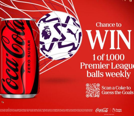 Coca-Cola builds Premier League matchday excitement in new promo Promotional image of the Coca-Cola Europacific Partners' 'Guess the Goals' competition featuring a can of Coca-Cola Zero Sugar and a football hitting the back of a goal net. The text reads Chance to Win 1 of 1,000 Premier League balls weekly.