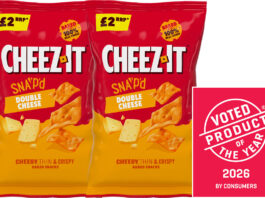 Cheez-It crowned at Product of the Year awards Pack shots of Cheez-It Snap'd Double Cheese along with the logo for the Product of the Year 2026 awards.