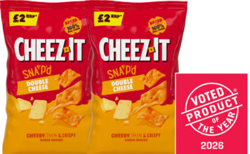Cheez-It crowned at Product of the Year awards Pack shots of Cheez-It Snap'd Double Cheese along with the logo for the Product of the Year 2026 awards.