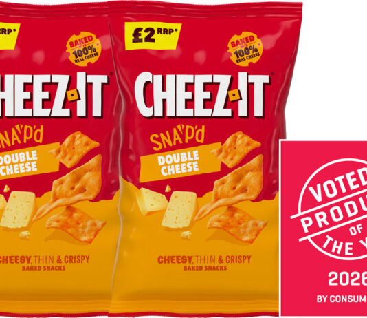 Cheez-It crowned at Product of the Year awards Pack shots of Cheez-It Snap'd Double Cheese along with the logo for the Product of the Year 2026 awards.