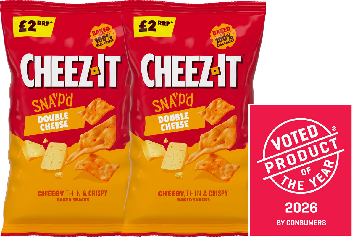 Pack shots of Cheez-It Snap'd Double Cheese along with the logo for the Product of the Year 2026 awards.