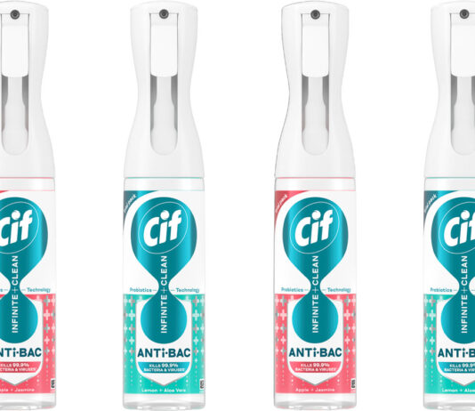 Cif expands Infinite Clean line with Anti-Bac variants Pack shots of Cif Infinite Spray Anti-Bac Apple & Jasmine Spray and Lemon & Aloe Vera Spray.