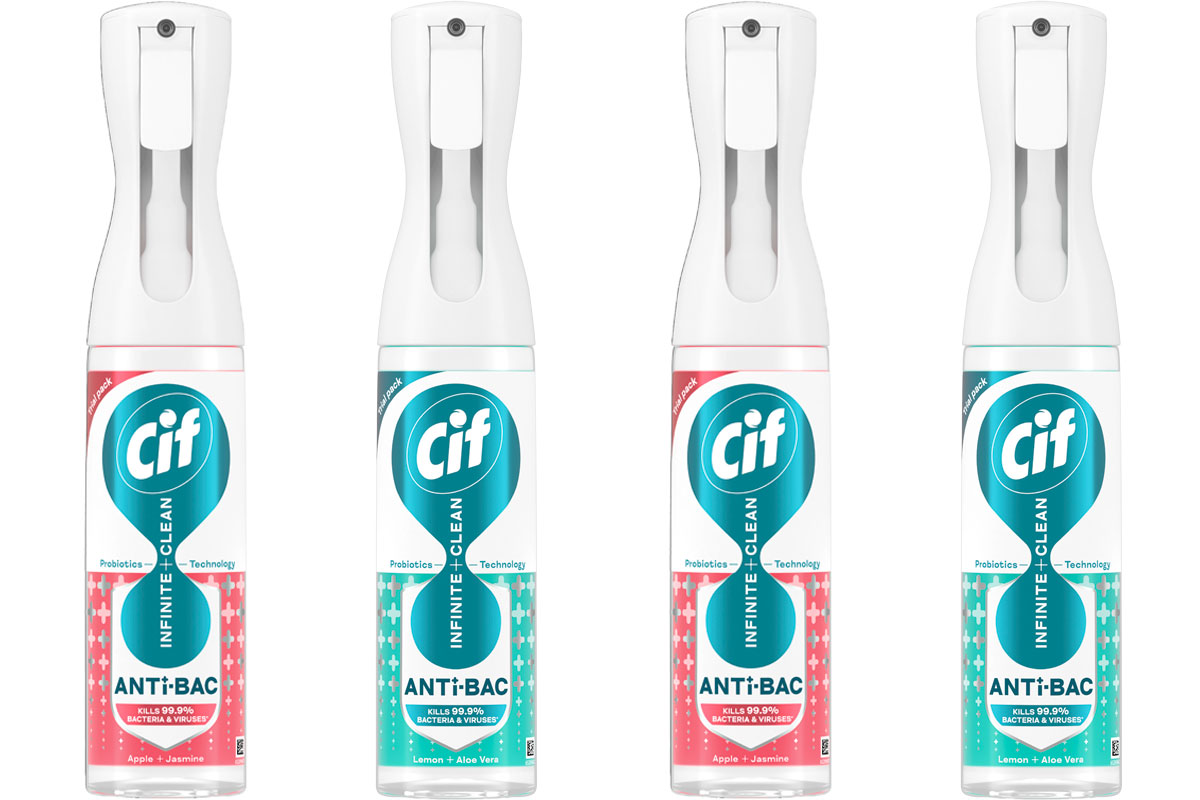 Pack shots of Cif Infinite Spray Anti-Bac Apple & Jasmine Spray and Lemon & Aloe Vera Spray.