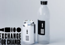UK DMO becomes Exchange for Change in new move for DRS A bottle and can stand against a grey background with the Exchange for Change logo in the bottom left corner.