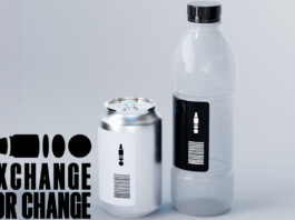 UK DMO becomes Exchange for Change in new move for DRS A bottle and can stand against a grey background with the Exchange for Change logo in the bottom left corner.