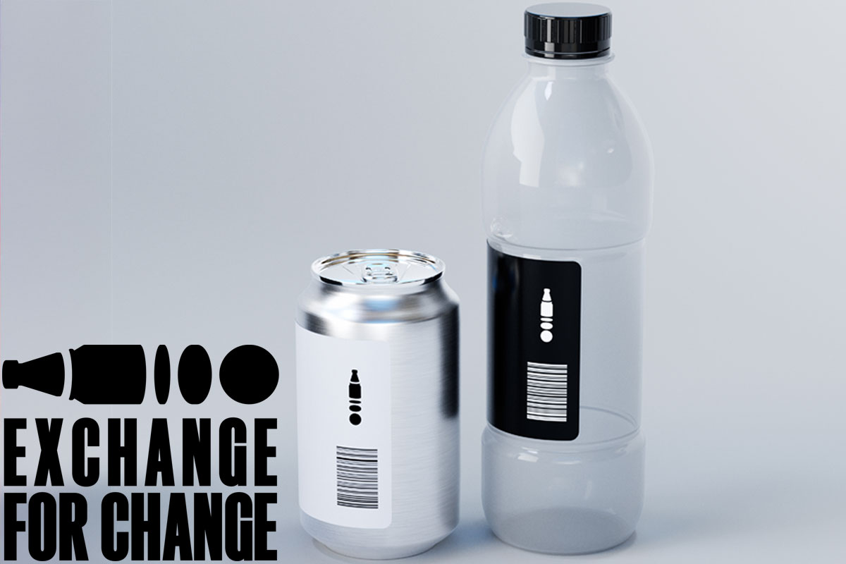 A bottle and can stand against a grey background with the Exchange for Change logo in the bottom left corner.