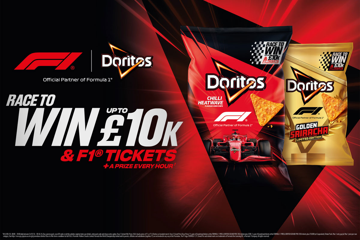 Advert for the collaboration between Doritos and F1 offering consumers the chance to win up to £10,000 with pack shots of Doritos Chilli Heatwave and Doritos Golden Sriracha.