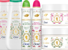 Dove skincare teams up with Bridgerton on limited edition range Pack shots of Dove Skincare and Bridgerton partnership including a 400ml Body Wash, 225ml Body Scrub and Antiperspirant Spray in Raspberry Rendevouz and Love & Meadows scents.